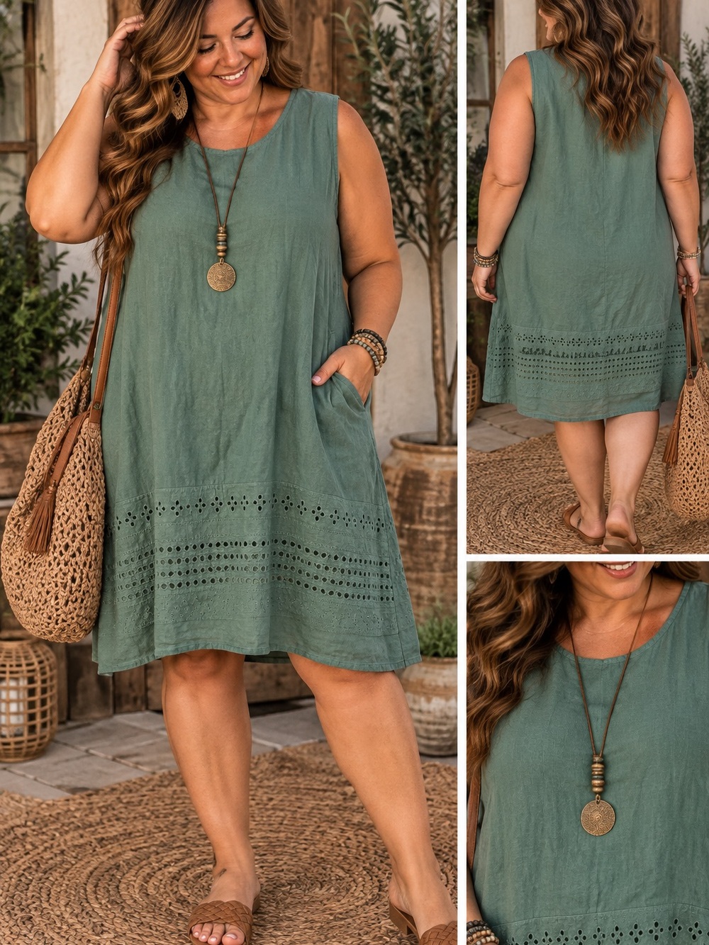 Sleeveless Olive Eyelet-Hem Coverup Dress